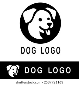 A playful black and white dog logo with a circular design, featuring a smiling dog’s face and tongue