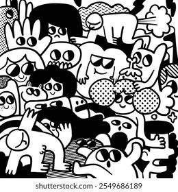 playful black and white doodle art featuring various abstract characters with expressive faces and whimsical designs, creating lively and imaginative scenes.