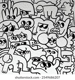 playful black and white doodle art featuring various cartoon characters with expressive faces and whimsical designs, creating lively and imaginative scene.