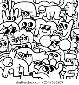 playful black and white doodle art featuring various cartoon characters with expressive faces and whimsical designs, creating lively and imaginative scene.