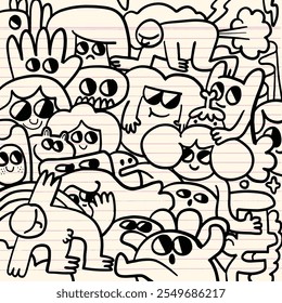 playful black and white doodle art featuring various cartoon characters with expressive faces and whimsical designs, creating lively and imaginative scene.