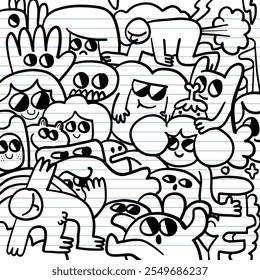 playful black and white doodle art featuring various cartoon characters with expressive faces and whimsical designs, creating lively and imaginative scene.