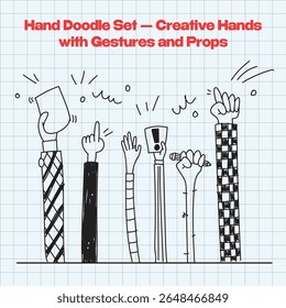 Playful black and white doodle illustration featuring raised cartoon hands holding signs and pointing upward. Great for covers, creative presentations, posters, or social media design.