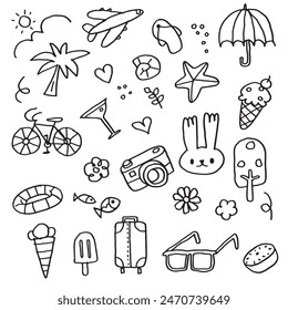 Playful black and white doodles featuring summer vacation elements like ice cream, beach, and travel icons, perfect for creative projects and coloring pages.
