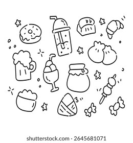 Playful black and white hand drawn sketch of food and drink items, including desserts, drinks, and snacks, surrounded by cheerful decorative elements.