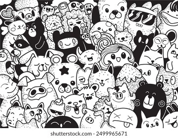 A playful black and white hand-drawn doodle collage featuring a variety of cute animal characters with expressive faces. ,Coloring Book
