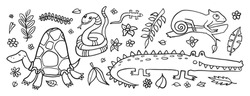 A Playful Black And White Line Art Illustration Featuring A Turtle, Snake, Gecko, Snail, And Crocodile Amidst Jungle Flora.