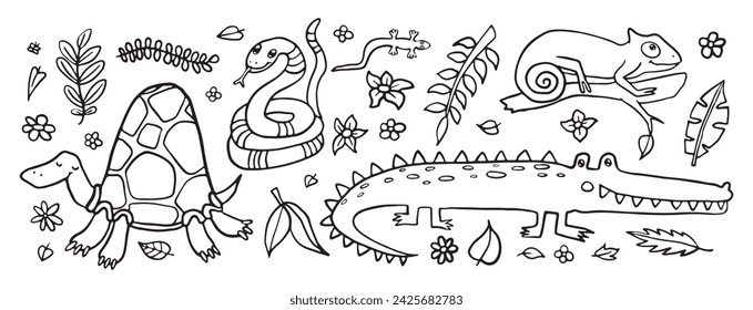 A playful black and white line art illustration featuring a turtle, snake, gecko, snail, and crocodile amidst jungle flora.