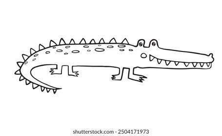 Playful black and white outline of a crocodile with visible spikes along its back. This friendly-looking crocodile is ideal for children's coloring books, educational materials, jungle-themed design.