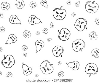 A playful black and white pattern features numerous hand-drawn cartoon apples and pears, each adorned with a unique spooky or angry Halloween-themed face, scattered across a white background.