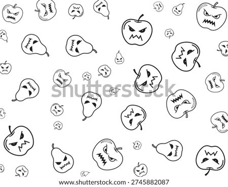 A playful black and white pattern features numerous hand-drawn cartoon apples and pears, each adorned with a unique spooky or angry Halloween-themed face, scattered across a white background.