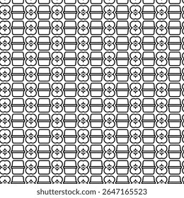 Playful black and white seamless pattern featuring stylized apple and container motifs, perfect for food packaging or textile prints.