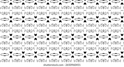 Playful black and white seamless pattern composed of abstract symbols and whimsical character-like elements. Perfect for artistic designs.