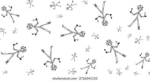 A playful black and white seamless pattern featuring whimsical stick figures constructed from various kitchen utensils like forks, spoons, and knives, dancing joyfully on a clean white background.