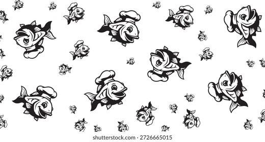 Un patrón sin fisuras en blanco y negro juguetón con numerosos peces de dibujos animados con sombreros de chef, sonriendo y nadando sobre un fondo blanco limpio.