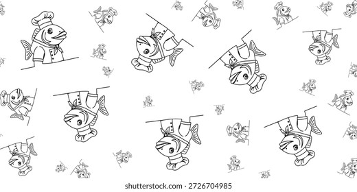 Ein verspieltes, nahtloses Schwarz-Weiß-Muster, das verschiedene Cartoon-Fische mit Koch-Hüten und Jacken darstellt, die in einem dynamischen und sich wiederholenden Design angeordnet sind.