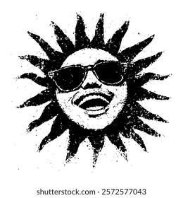 playful black and white vector design of a sun wearing sunglasses, drawn in a textured and humorous style for fun, bold, and sunny designs