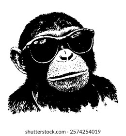 playful black and white vector illustration of a chimpanzee wearing sunglasses, combining humor and bold design with intricate detailing for a stylish look.