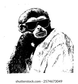 playful black and white vector illustration of a monkey wearing sunglasses and a shirt, blending humor and bold design with intricate textures for a stylish look.