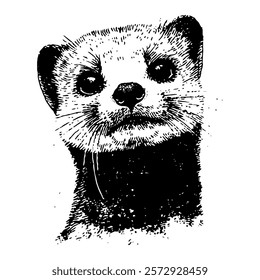 playful black and white vector portrait of a ferret, featuring detailed textures and subtle shading to highlight its lively and curious personality.