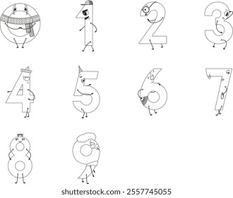 Playful black-and-white cartoon numbers 0–9 with unique characters