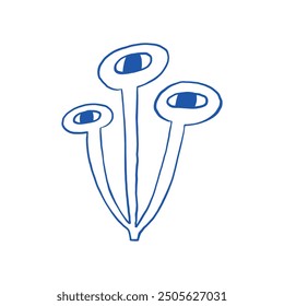 A playful blue abstract illustration depicting eye stalks mushroom in a minimalist style on a white background. Ideal for modern art themes and creative projects.