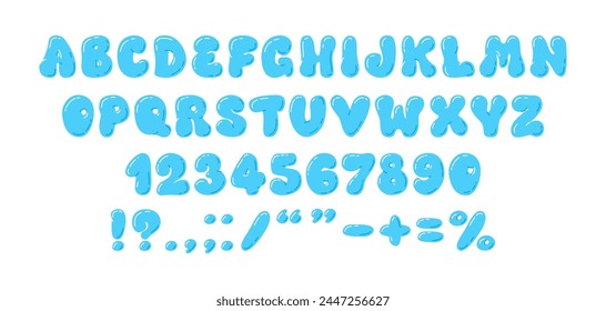 Playful blue bubble font and numbers from 0 to 9. Graffiti. Psychedelic alphabet. Y2K trendy style. 3D, bubble gum, balloon. Plump digits and letters, punctuation marks. Childish preschool 