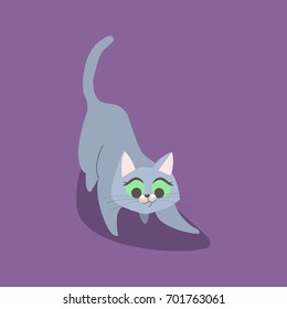 Playful blue cat with green eyes on dark background. Vector illustration
