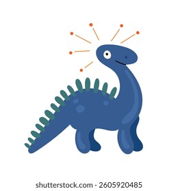 Playful blue dinosaur with round feet and green spines, featuring a friendly face and simple form for youth illustrations, dino games, and prints.