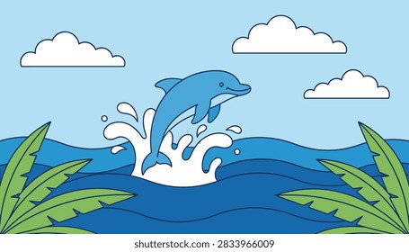 Playful blue dolphin jumping high out of the sea water with splashes under a sunny sky with clouds and palm tree leaves.