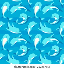 Playful blue dolphins playing in the waves. Vector seamless pattern.