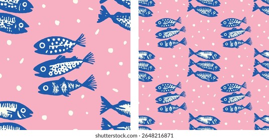 Playful Blue Fish on Pink Seamless Nautical Marine Vector Pattern