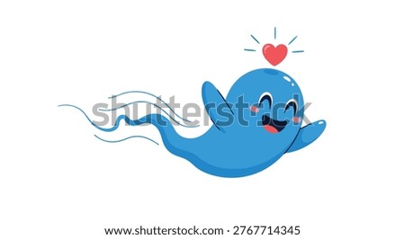 Playful blue ghost character with a heart floating above its head and a joyful expression in a vector drawing.