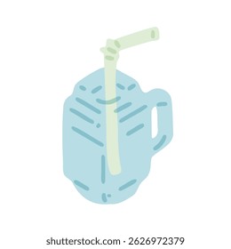 Playful Blue Mason Jar Illustration. Cartoon-style illustration of a light blue mason jar with a pale green straw, rendered in soft flat colors on white background.