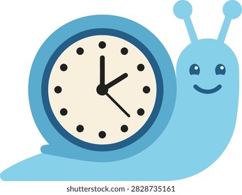 A playful blue snail character with a clock face on its shell, representing slow time, patience, and punctuality. Perfect for educational materials and time management concepts.