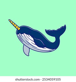 Playful Blue Whale With Golden Horn Unicorn Cartoon Narwhal Illustration. Cute Character Outline Concept. Animal Mythology. Flat Cartoon Outline Style.