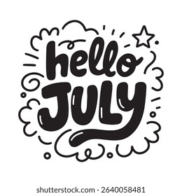 Playful and bold black hand drawn Hello July typography with doodle elements like clouds, star, and swirls. Perfect for summer greetings, seasonal content, and creative designs.