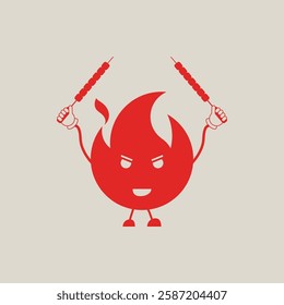 Playful and bold cartoon illustration of a fire character with an expressive face, holding skewers of grilled meat in both hands.