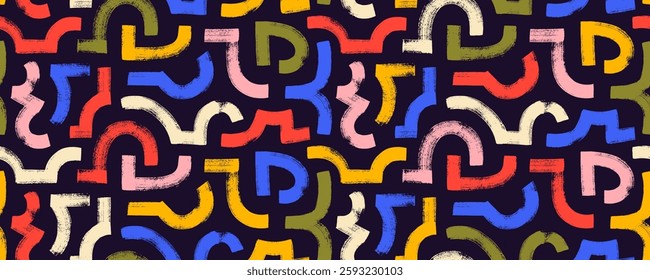 Playful bold curved lines, arches and dashes seamless pattern. Colorful background with brush drawn thick strokes, vector labyrinth or maze motif seamless pattern. Hand drawn geometric ornament. 