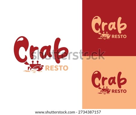 A playful and bold vector logo for a seafood business named "Crab Resto". The design features a clever integration where the letter C is stylized as a large, juicy crab claw, complemented by a cute crab mascot silhouette below. This modern and appetizing illustration is perfect for seafood restaurants, beach-side bistros, fish markets, catering services, or food delivery apps.