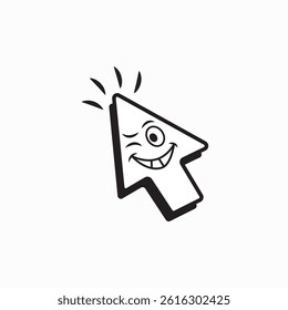 A playful, bold-lined cartoon arrow cursor with a cheeky smile, winking eye, and dynamic motion lines radiating energy.