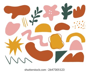 Playful Botanical Doodle Collection. A lively set of 19 hand drawn abstract elements including blobs leaves zigzags arches and starbursts in earthy and pastel tones. Perfect for stickers compositions