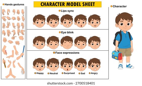 Playful Boy Character Constructor Kit. Customizable Kid Model Sheet with Editable Parts and Expressions.