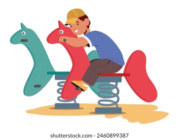 Playful Boy Enjoying His Time On Colorful Spring Rockers At A Playground. With A Bright Smile, He Energetically Swings On A Vibrant Red Horse, Child Delight and Outdoor Activities. Vector Illustration