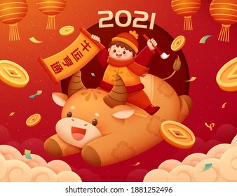 Playful boy riding on cute cattle with gold coins and confetti falling around. Concept of Chinese zodiac sign ox. Translation: May the good fortune be upon you