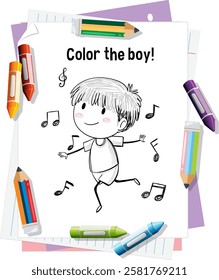 A playful boy surrounded by colorful pencils