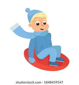 Playful Boy in Warm Hat and Knitted Mittens Sliding Down with Snow Saucer Vector Illustration