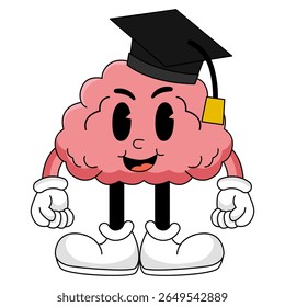 A playful brain character wearing a graduation cap and gown, symbolizing intelligence, success, and academic pride.