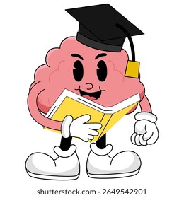 A playful brain character wearing a graduation cap while reading a book, symbolizing joy in learning and education.