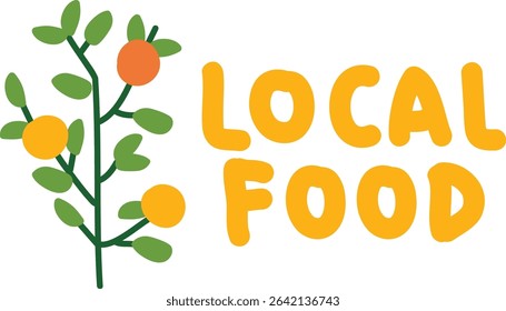A playful branch with round fruits and bold text in a cartoon style. Cheerful lettering accompanies a stylized plant bearing circular produce. Cartoon vector illustration.